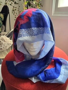 Yvette Montayne, Paris, Silk Scarf, Vintage, Blue Abstract, Hot Pink Flower
